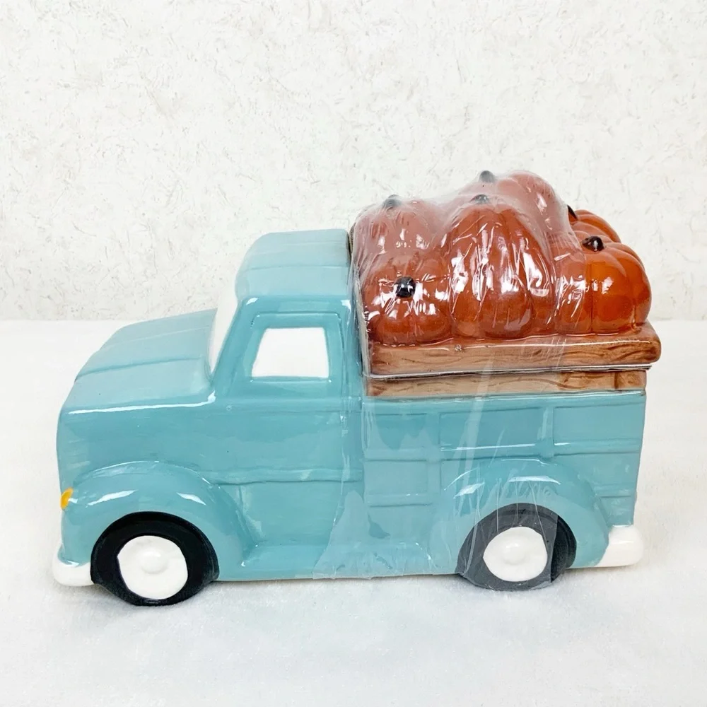 Fall Blue Truck Cookie Jar Ceramic Retro Style Harvest Thanksgiving Farmhouse